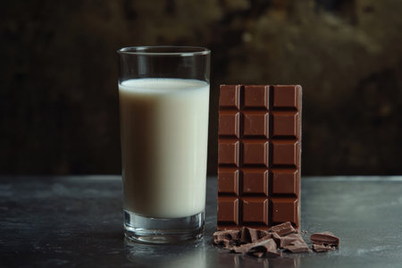 A glass of creamy milk stands next to a bar of chocolate with broken pieces on a dark surface, creating a tempting treat.の素材
