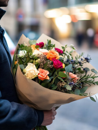 A courier in a neat uniform stands holding a vibrant bouquet filled with various flowers, ready to deliver on a bustling city street at dusk.の素材