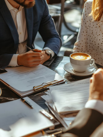 Two professionals sit at a cafe table reviewing documents while enjoying coffee in a lively morning atmosphere.の素材
