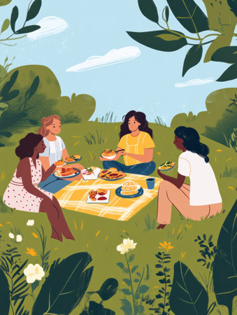 Five friends sit on a blanket in a grassy area, enjoying a delightful picnic filled with various dishes under a blue sky.の素材