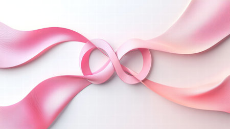 Two pink ribbons elegantly intertwine to create an infinity symbol, showcasing smooth gradients and a modern aesthetic on a light background.の素材