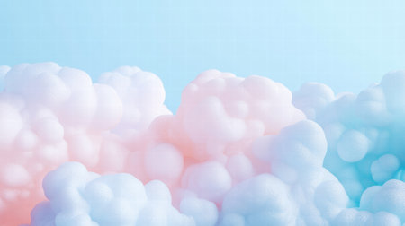 Cotton like clouds with shades of pink and blue drift peacefully in the clear sky, creating a tranquil and dreamy setting.の素材