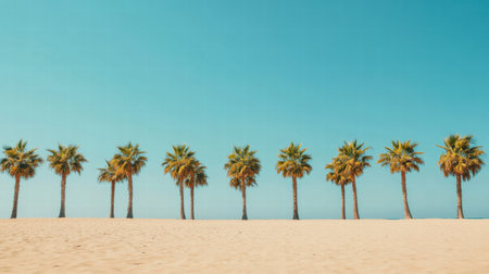 Tall palm trees stand in a row along a sandy beach, with a bright blue sky overhead, creating a serene coastal atmosphere.の素材
