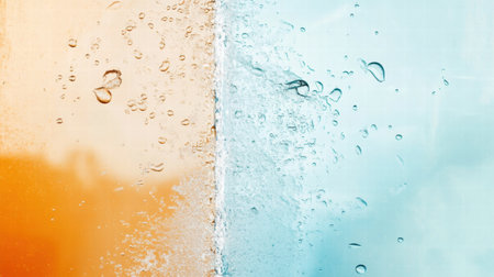 Water droplets fly through the air, creating a dynamic interaction between orange and blue backgrounds, symbolizing refreshment and vitality.の素材