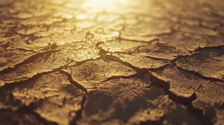 A parched and cracked surface of soil captures the warm rays of late afternoon sunlight, highlighting the dryness and barrenness of the land.の素材