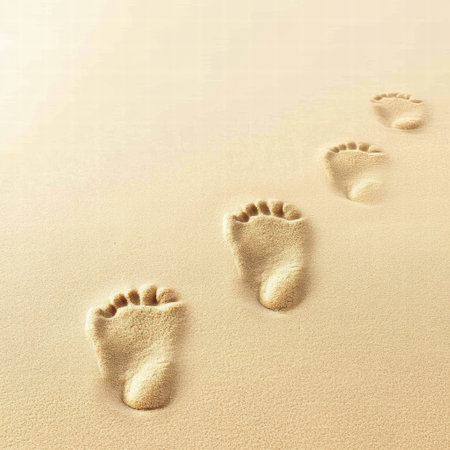 Barefoot footprints create a path in fine sand, moving toward the ocean under clear blue skies and warm sunlight.の素材