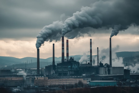 Large factories emit thick smoke from multiple chimneys in an industrial area surrounded by mountains under a gray sky.の素材