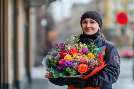 A dedicated courier proudly holds a colorful bouquet of flowers while standing on a bustling street, showing their commitment to delivery.の素材
