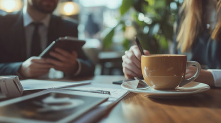 Two professionals engage in discussion over coffee, utilizing a tablet and taking notes in a cozy cafe setting during daylight.の素材