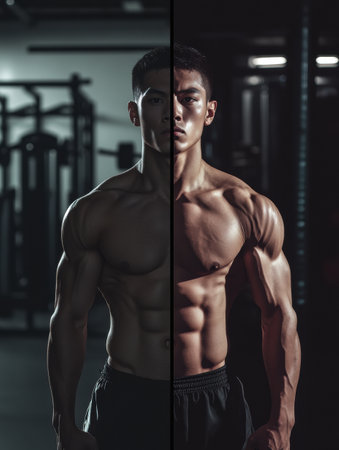 A muscular man performs exercises in a gym, highlighting his strength and definition under dramatic lighting in the evening.の素材