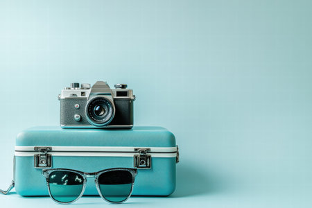 A vintage camera sits atop a light blue suitcase next to a pair of stylish sunglasses, evoking a sense of nostalgia and classic travel.の素材