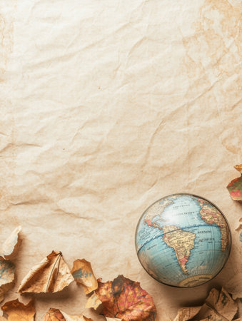 Dried autumn leaves are scattered around a globe placed on a textured paper surface, evoking a sense of adventure and seasonal change.の素材