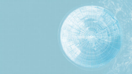 An intricate design of a spherical structure floats above a calm body of water, reflecting soft light on a clear day.の素材