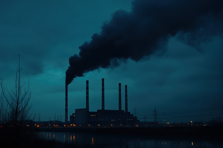 Smoke billows from tall chimneys of a factory situated beside a calm river at nightfall, creating a dramatic silhouette against the sky.の素材