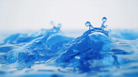Droplets collide and create splashes in clear blue water, showing the dynamic movement and energy of fluid interactions.の素材