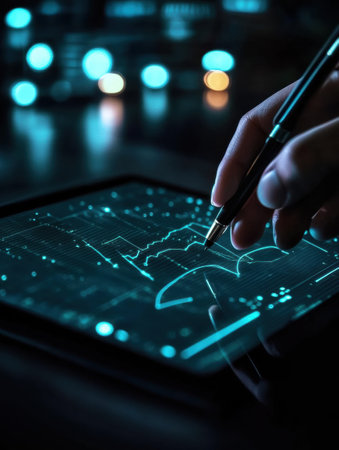 A hand uses a stylus on a brightly lit tablet, creating intricate designs in a modern workspace filled with blue hues.の素材