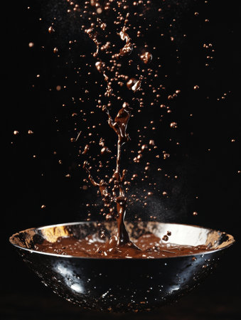 Dark chocolate creates dramatic splashes as it mixes in a metal bowl, capturing the excitement of culinary creativity in the kitchen.の素材