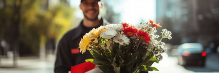 A courier in a neat uniform is holding a vibrant bouquet of flowers while standing on a city street filled with sunlight and greenery.の素材