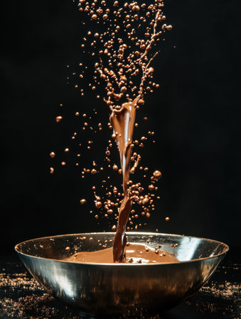 Chocolate flows dramatically from a bowl, sending droplets into the air against a dark background, showing its rich texture and color.の素材