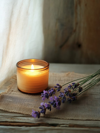 A lit candle casts a gentle light beside a bundle of lavender resting on a textured linen backdrop. The atmosphere feels tranquil and cozy.の素材