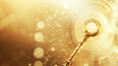 A golden key is poised to unlock a radiant portal surrounded by sparkling lights and swirling particles, creating a magical atmosphere.の素材
