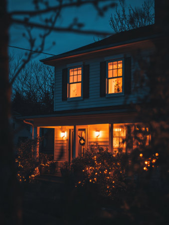 Soft light illuminates the windows of a charming house as evening approaches, creating a welcoming atmosphere in the tranquil setting.の素材