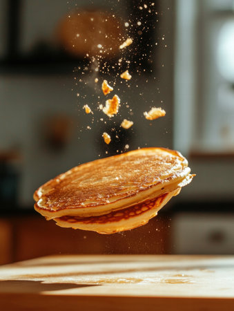 Pancakes hover mid air above a wooden counter in a sunlit kitchen, creating a playful and inviting atmosphere for breakfast.の素材