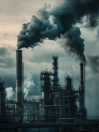 An industrial facility releases thick black smoke into the cloudy sky during the evening, showing the effects of production on air quality.の素材