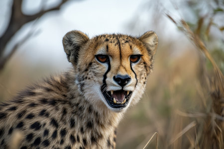 A cheetah shows its fierce expression while surrounded by tall grass on a sunny day in the savannah, displaying its natural beauty.の素材