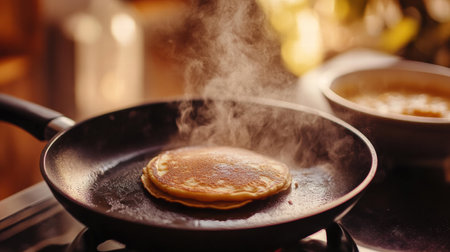 A fluffy pancake cooks in a frying pan, emitting steam, as a bowl of syrup awaits on the kitchen counter during breakfast.の素材