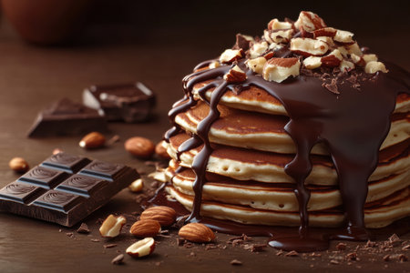 A tall stack of fluffy pancakes topped with melting chocolate sauce, chopped nuts, and chocolate pieces, served on a wooden table.の素材