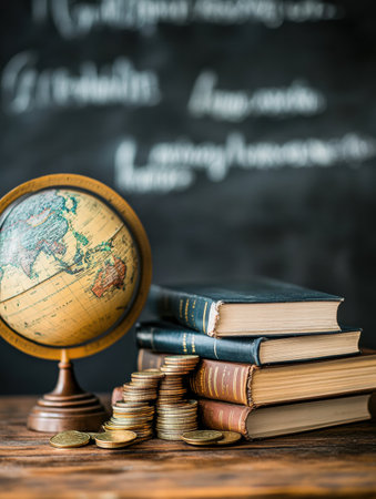 A globe, stacks of books, and coins are arranged on a wooden desk against a chalkboard background filled with writing.の素材