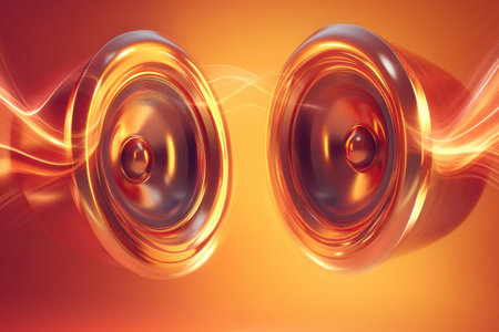 High tech 3D speakers produce captivating light waves while delivering exceptional sound quality in a contemporary setting.の素材