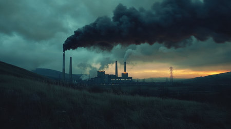 A large industrial facility releases thick black smoke into the atmosphere as dusk settles, surrounded by rolling hills.の素材