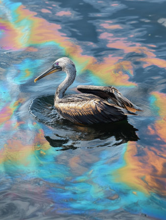 A seabird paddles desperately across an oil contaminated ocean, showing signs of distress amid a colorful sheen reflecting sunlight.の素材