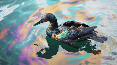 An oil spill on the ocean surface casts a rainbow sheen as a seabird battles to stay afloat amid the pollution, highlighting the environmental crisis.の素材