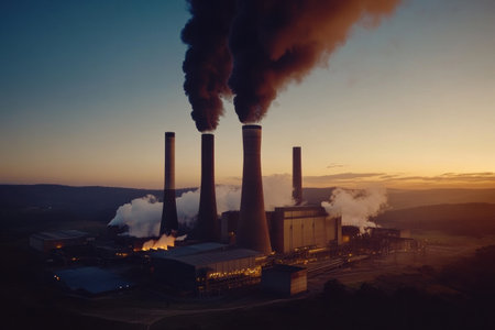 A power plant releases thick smoke into the evening sky as the sun sets, creating a contrast between industry and nature.の素材