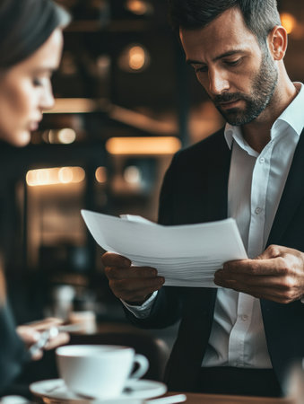 Two professionals engage in a discussion over documents in a cozy cafe setting, focused on important details and ideas early in the morning.の素材