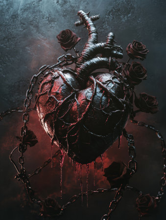 A cracked heart surrounded by dark roses and chains drips with emotion, symbolizing the intertwining of love and suffering in a dramatic setting.の素材
