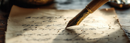 A beautifully crafted fountain pen rests above an antique manuscript filled with handwritten text, bathed in soft, warm light.の素材
