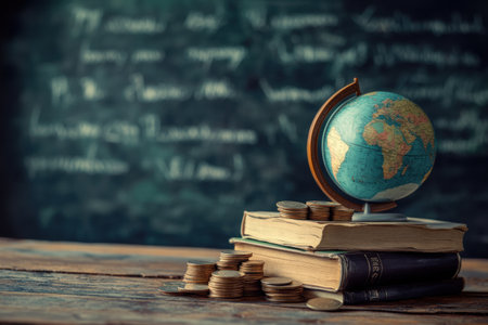 Coins are stacked next to books with a globe on top, illustrating a learning environment in a study area with a chalkboard.の素材