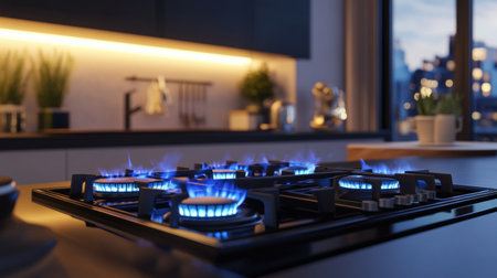 Blue gas flames flicker on a contemporary stovetop in an elegantly designed kitchen as evening light filters through the windows.の素材