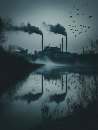 Tall smoke stacks loom over calm water, reflecting the dark clouds as birds glide overhead in an industrial environment at dusk.の素材
