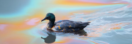 A seabird struggles to stay afloat in an oil spill showcasing a rainbow sheen on the ocean surface, highlighting environmental impact.の素材