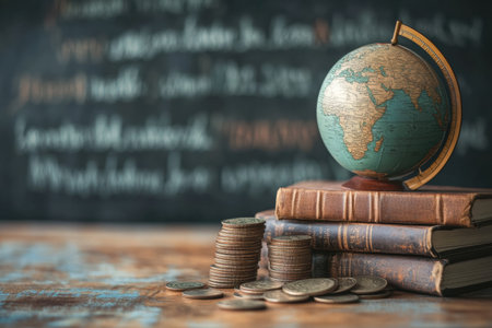 Globe placed next to stacks of old books and coins demonstrates the relationship between geography, knowledge, and finance in education.の素材