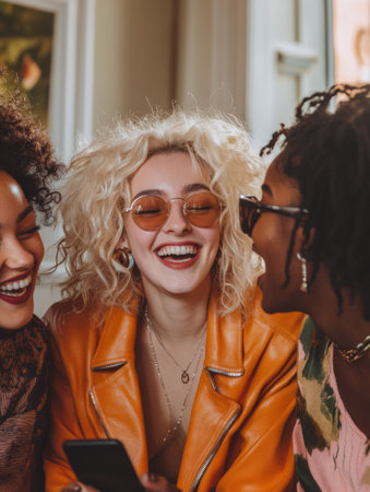 Lively gathering of three friends with diverse styles, enjoying laughter and conversation in a warm and inviting indoor spaceの素材