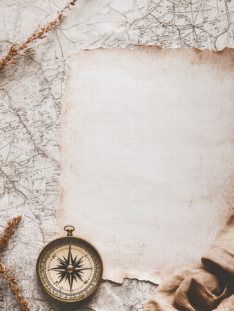 An old compass rests on a vintage map next to an empty piece of paper, inviting thoughts of travel and exploration in a cozy setting.の素材
