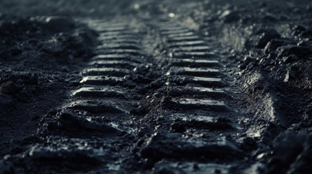 Tire tracks are visible in wet mud, showcasing the impact of heavy machinery on soft ground during rain in a construction area.の素材