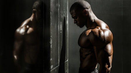 A muscular man engages in strength training at the gym, concentrating on his workout with focused intent under dramatic lighting.の素材