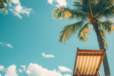Sun loungers rest under a tall palm tree against a vibrant blue sky filled with fluffy clouds, capturing a tranquil beach atmosphere.の素材